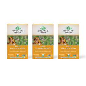 Organic India Calming Tulsi Ashwagandha tea bags promote a relaxing evening cup.