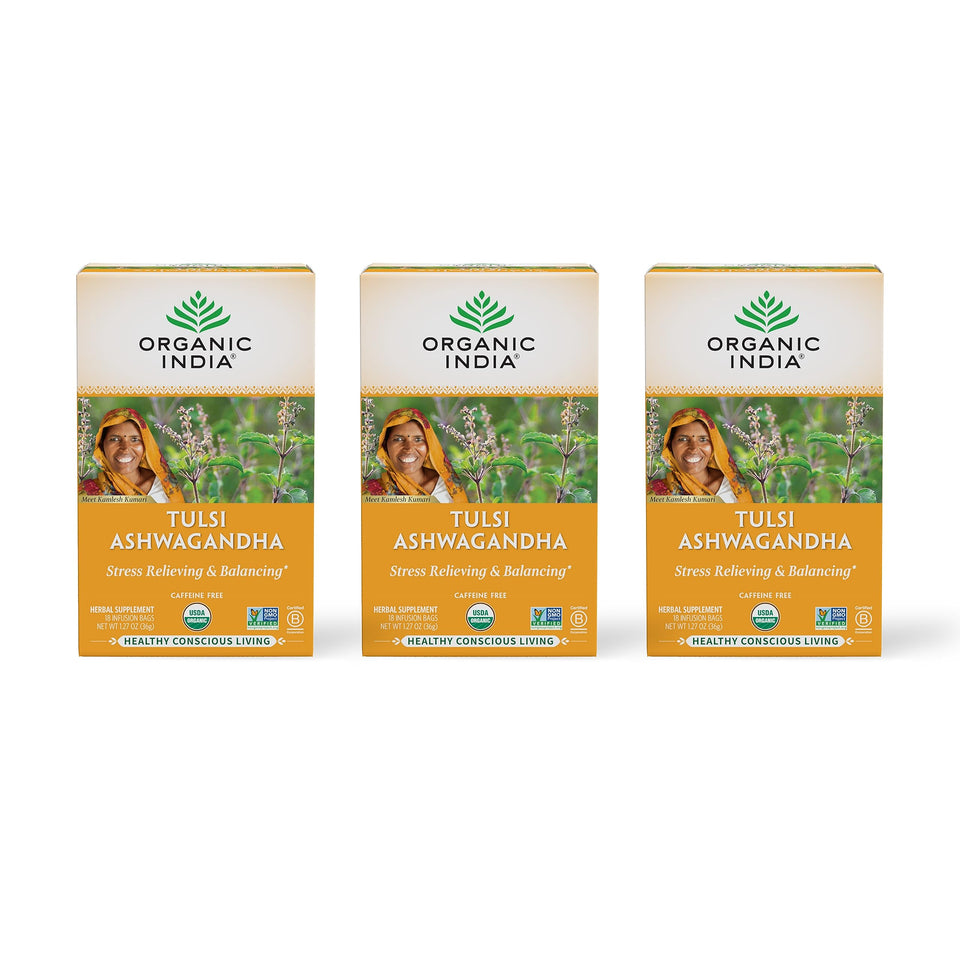 Organic India Calming Tulsi Ashwagandha tea bags promote a relaxing evening cup.