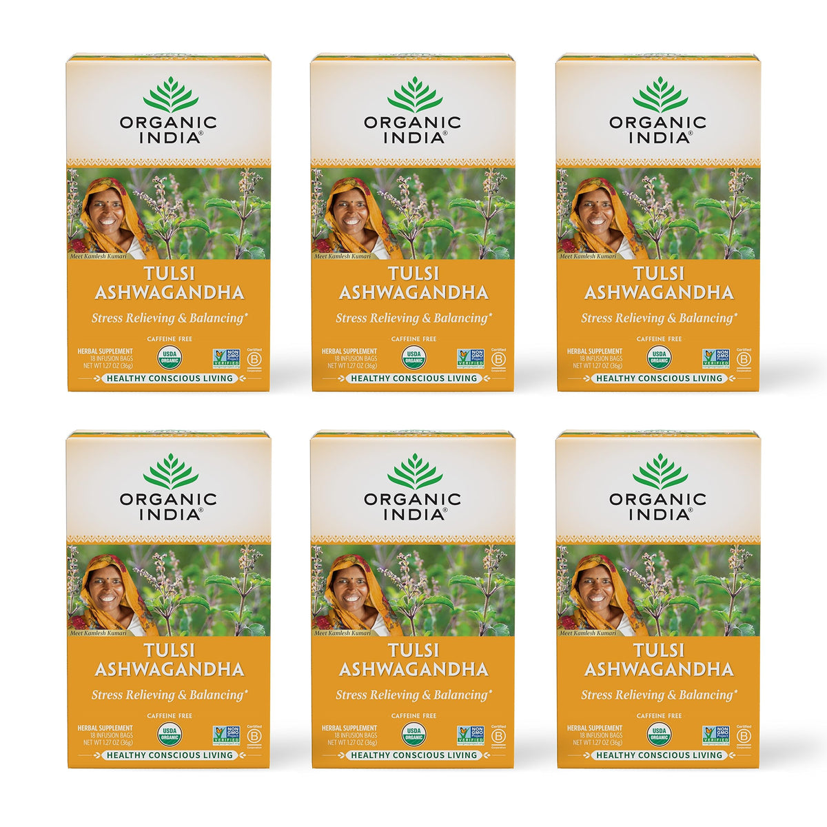 Organic India calming tulsi-ashwagandha tea box for a caffeine-free evening ritual.