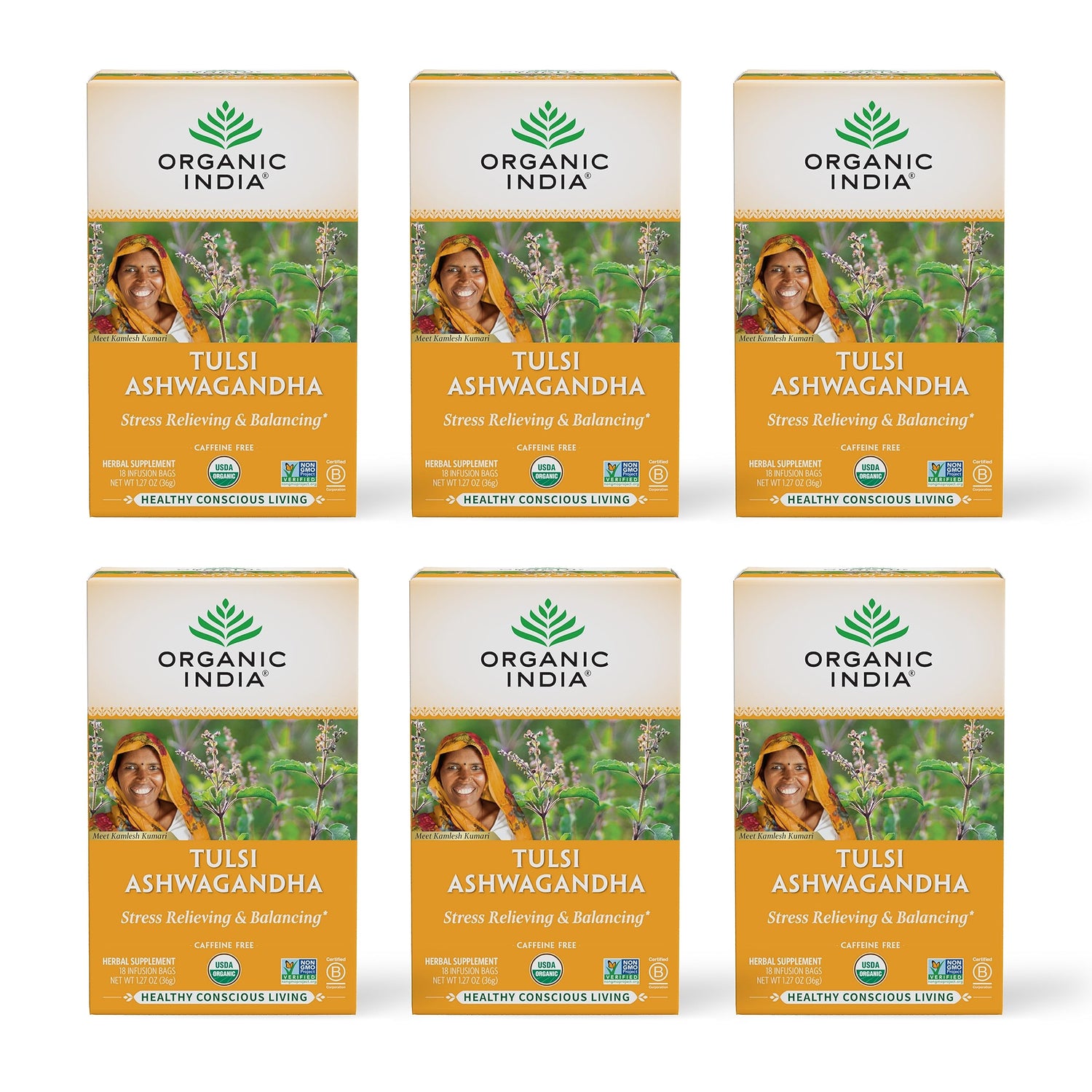 Organic India calming tulsi-ashwagandha tea box for a caffeine-free evening ritual.