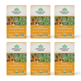 Organic India calming tulsi-ashwagandha tea box for a caffeine-free evening ritual.