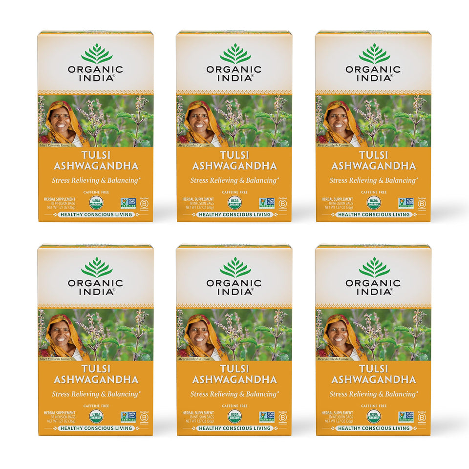 Organic India calming tulsi-ashwagandha tea box for a caffeine-free evening ritual.