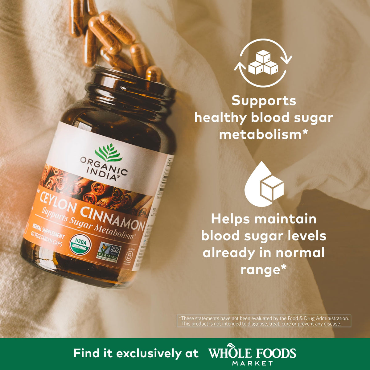 ORGANIC INDIA Ceylon Cinnamon capsules closeup highlighting vegan, gluten-free supplement with antioxidant potential