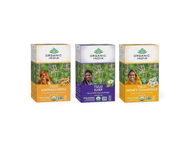 Organic India iced tulsi tea bags show an assorted pack for refreshing caffeine-free moments