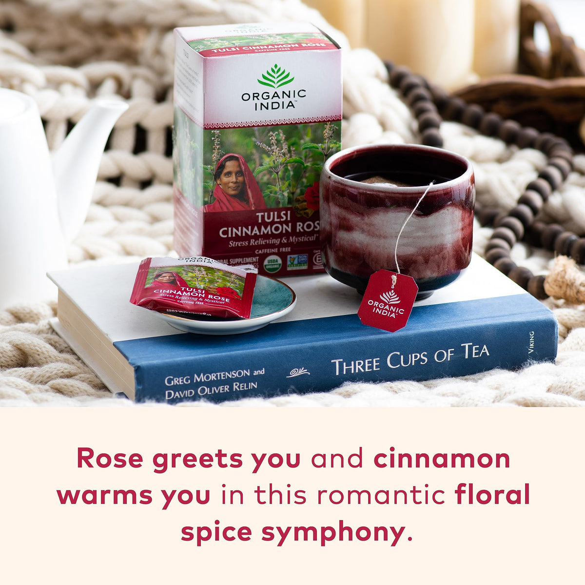 Organic India infusion closeup tea bags highlighting aromatic blend for daily relaxation.