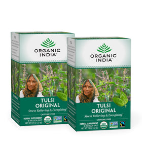 Organic India Original Tulsi Tea packaging with USDA Organic seal signaling clean sourcing.