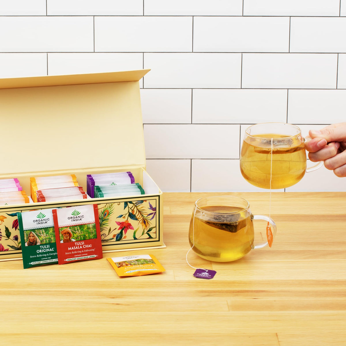 Organic India Sleep tea blend, calming aromatics with Ashwagandha and Chamomile.