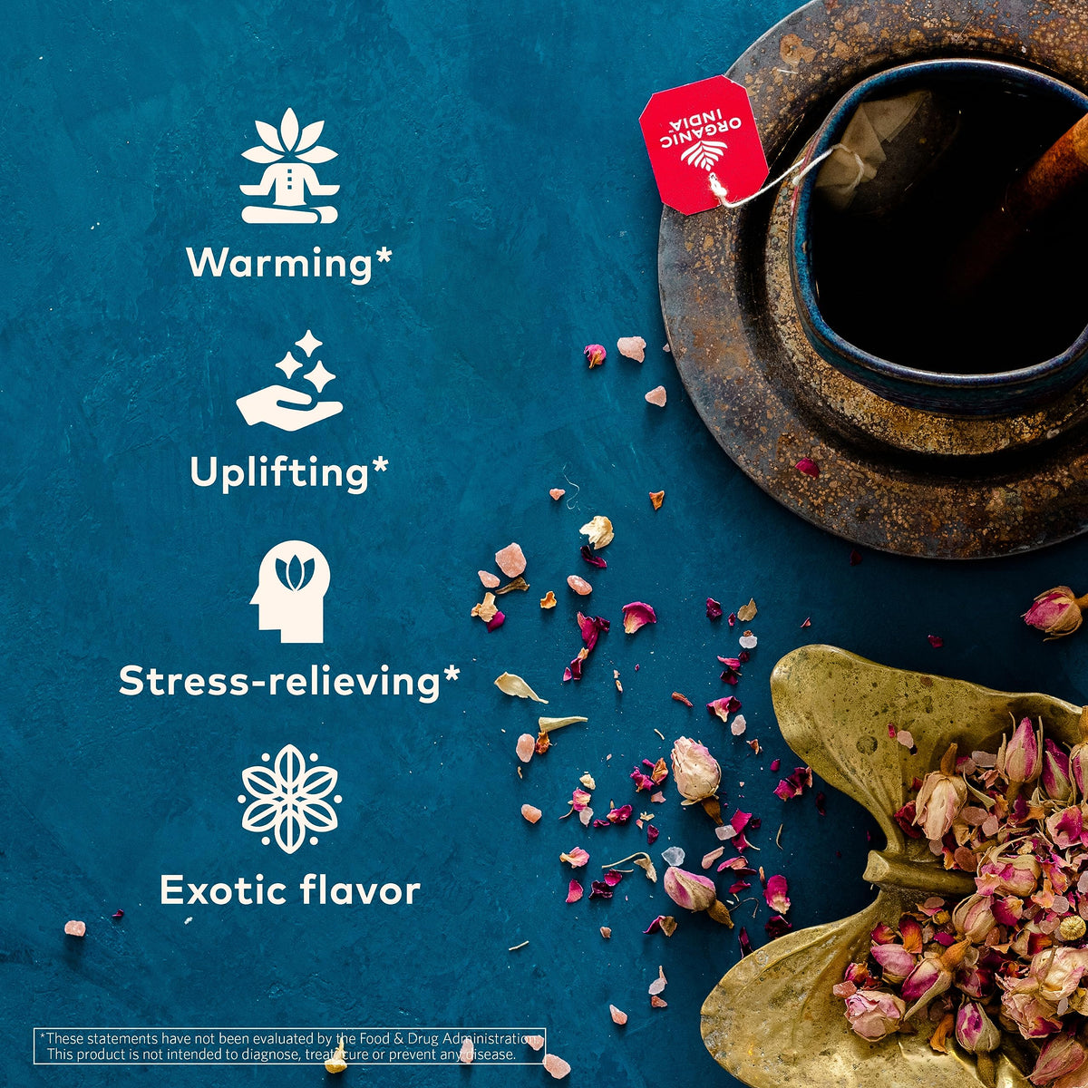 Organic India tea cup steaming captures comforting aroma and warm afternoon break.