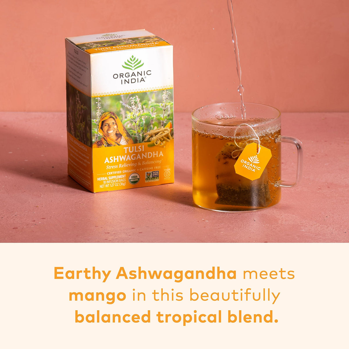 Organic India Tulsi Ashwagandha tea steep creates balanced calm with each cup.