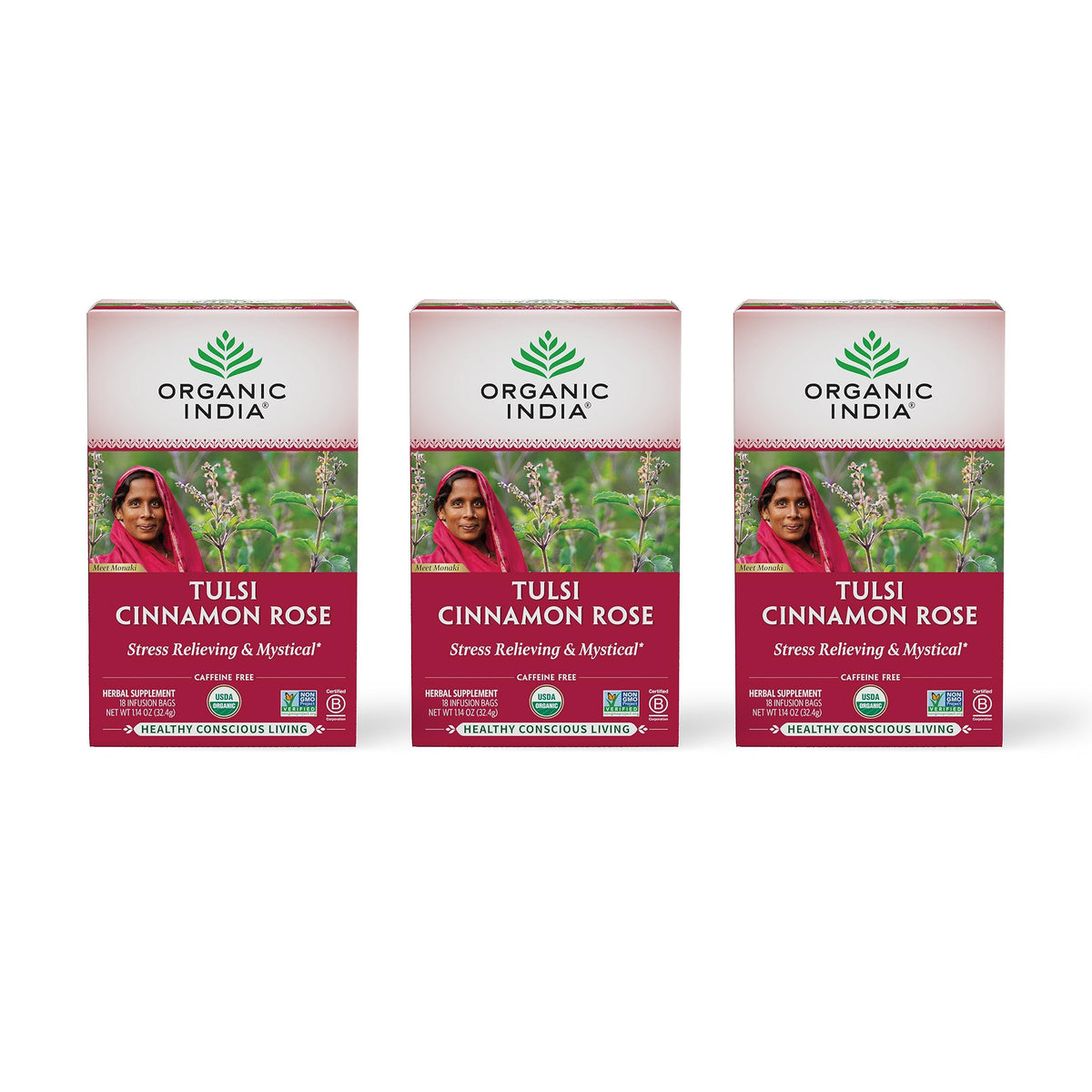 Organic India Tulsi Cinnamon Rose Tea bags on box, caffeine-free ritual.