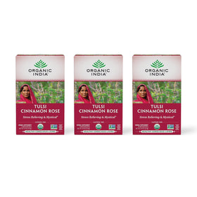 Organic India Tulsi Cinnamon Rose Tea bags on box, caffeine-free ritual.