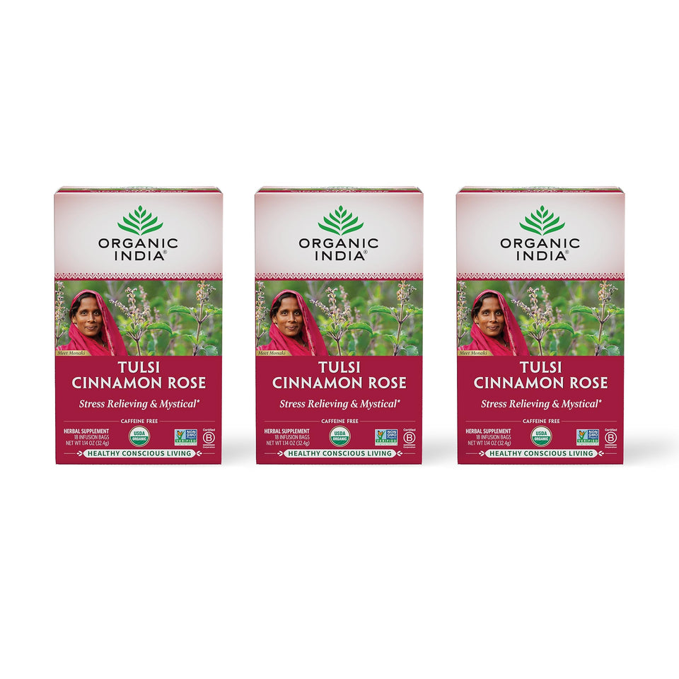 Organic India Tulsi Cinnamon Rose Tea bags on box, caffeine-free ritual.