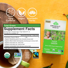 Organic India Tulsi Green Tea Bags steeping in cup showing gentle energy lift