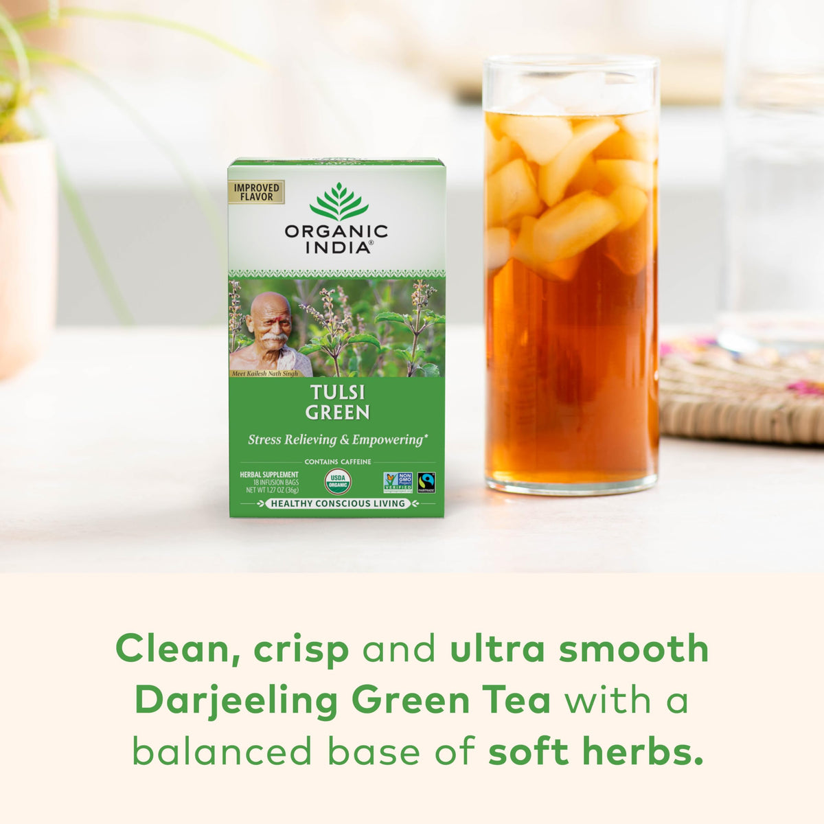 Organic India Tulsi Green Tea Leaves close-up highlighting holy basil aroma for relaxation