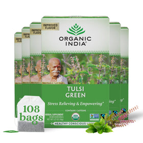 Organic India Tulsi Green Tea Bags packaging front with organic blend for daily calm