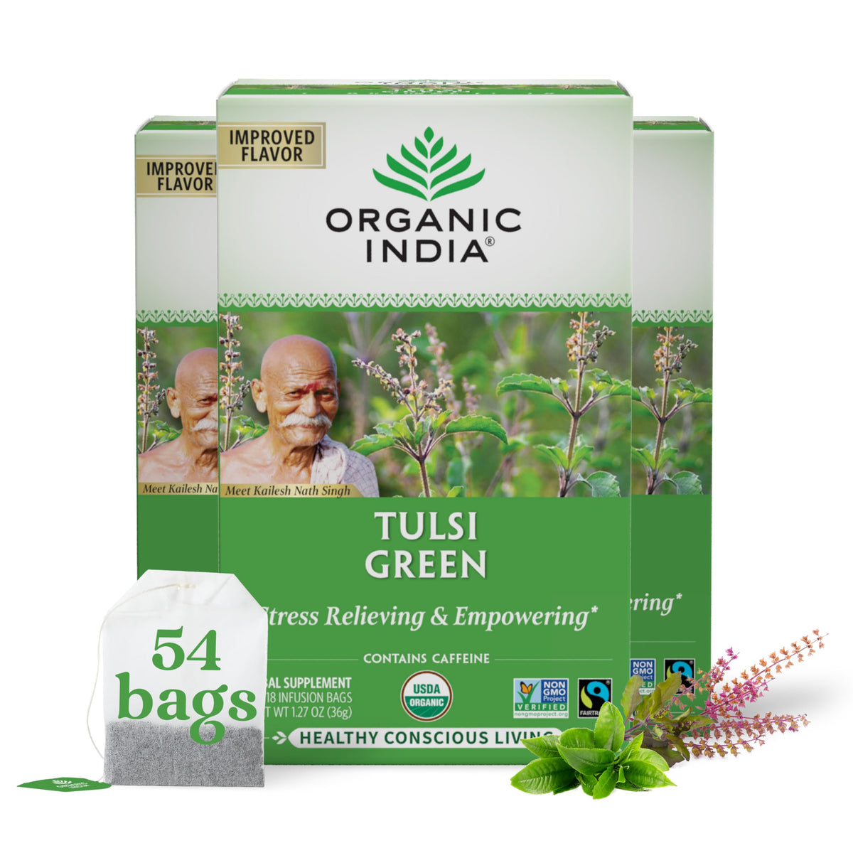 Organic India Tulsi Green Tea Bags steeping in a cup for a refreshing moment.