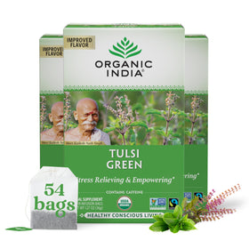 Organic India Tulsi Green Tea Bags steeping in a cup for a refreshing moment.
