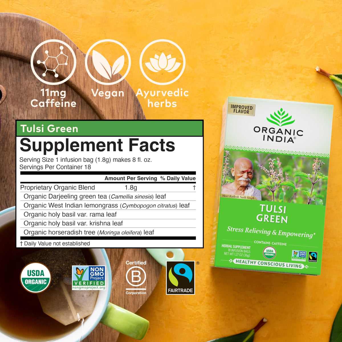 Organic India Tulsi Green Tea caffeine-free cup offers a relaxing evening ritual