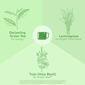 Organic India Tulsi Green Tea Cup with steam signaling calm focus.