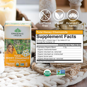 The 18-count Organic India Tulsi Honey Chamomile tea box ready for daily rituals.