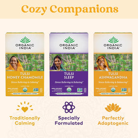 Cozy nighttime scene with Organic India Tulsi Honey Chamomile tea for relaxation.