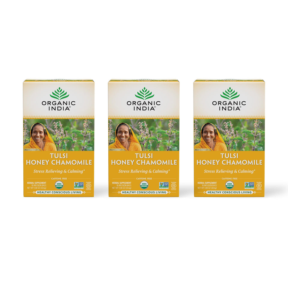 Organic India Tulsi Honey Chamomile tea bags ready to steep for relaxing evenings.