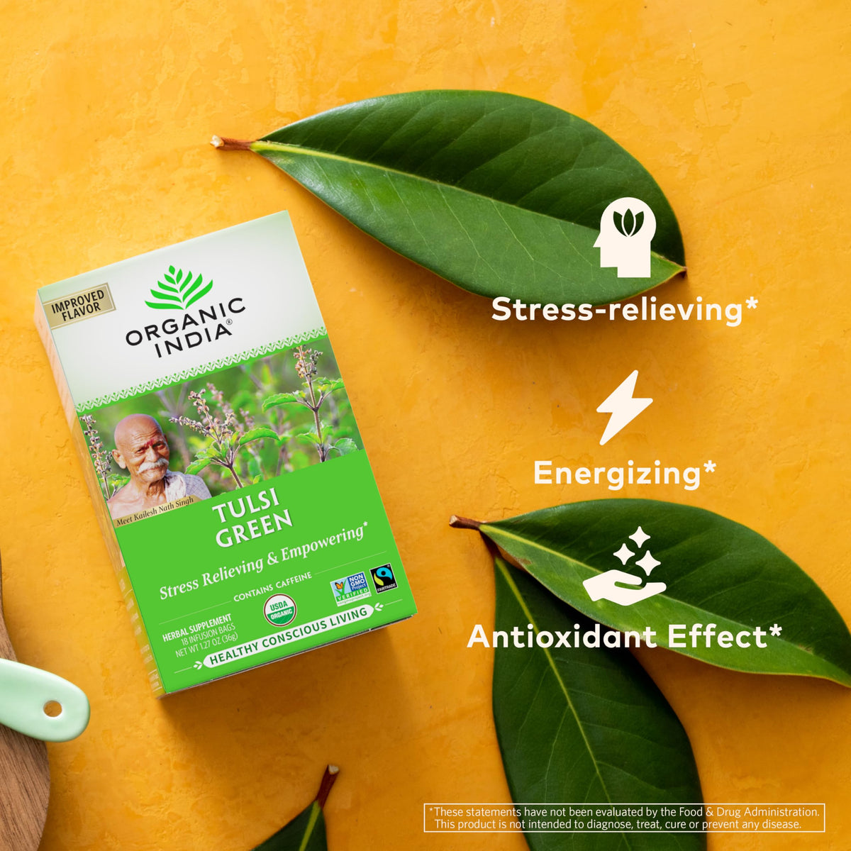 Close-up of Organic India Tulsi leaves reveals natural aroma.