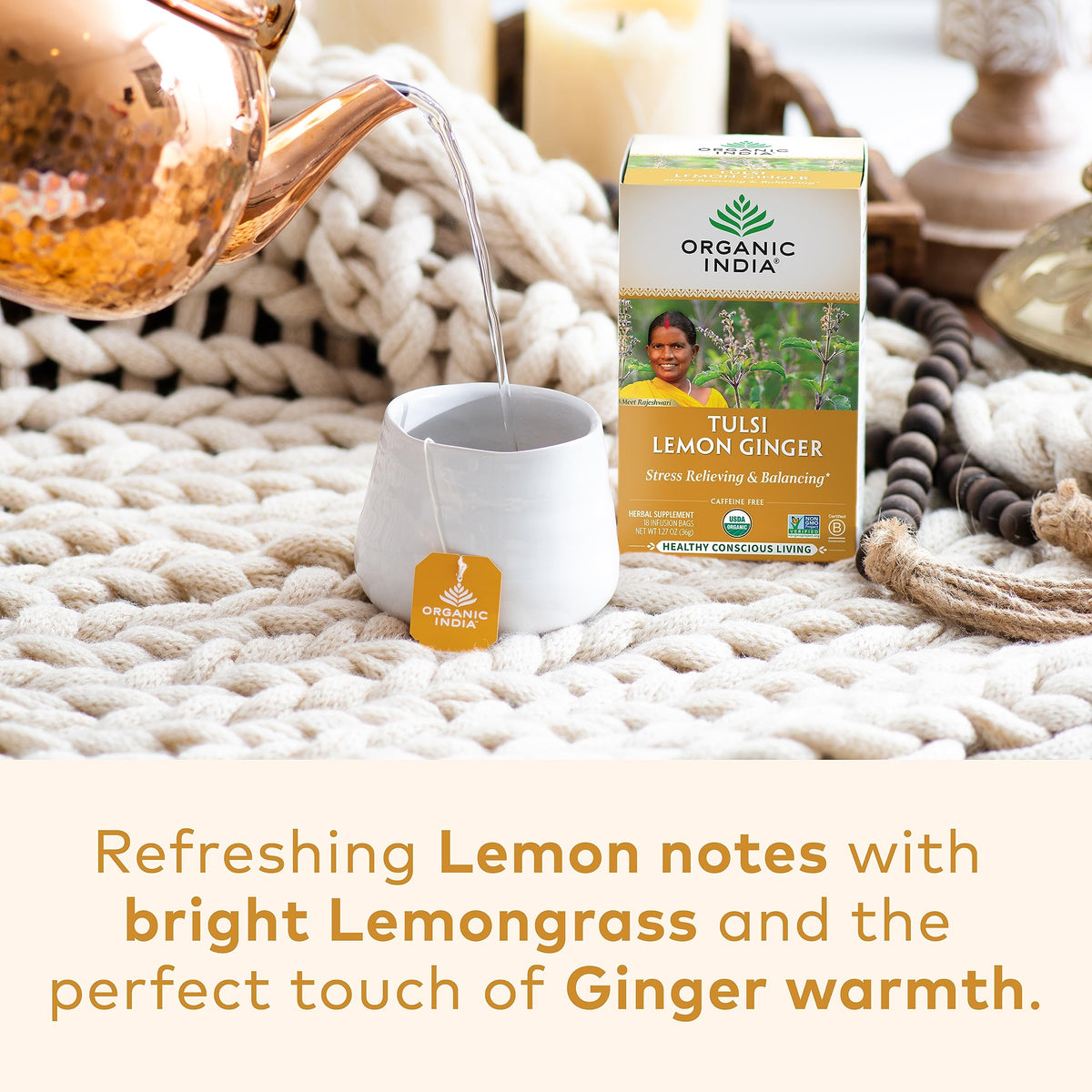 Organic India Tulsi Lemon Ginger Tea bag in cup fosters a calming, caffeine-free moment.