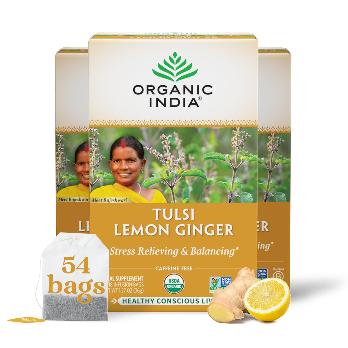 Organic India Tulsi Lemon Ginger Tea bags in box promote caffeine-free refreshment.