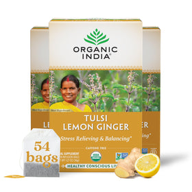Organic India Tulsi Lemon Ginger Tea bags in box promote caffeine-free refreshment.