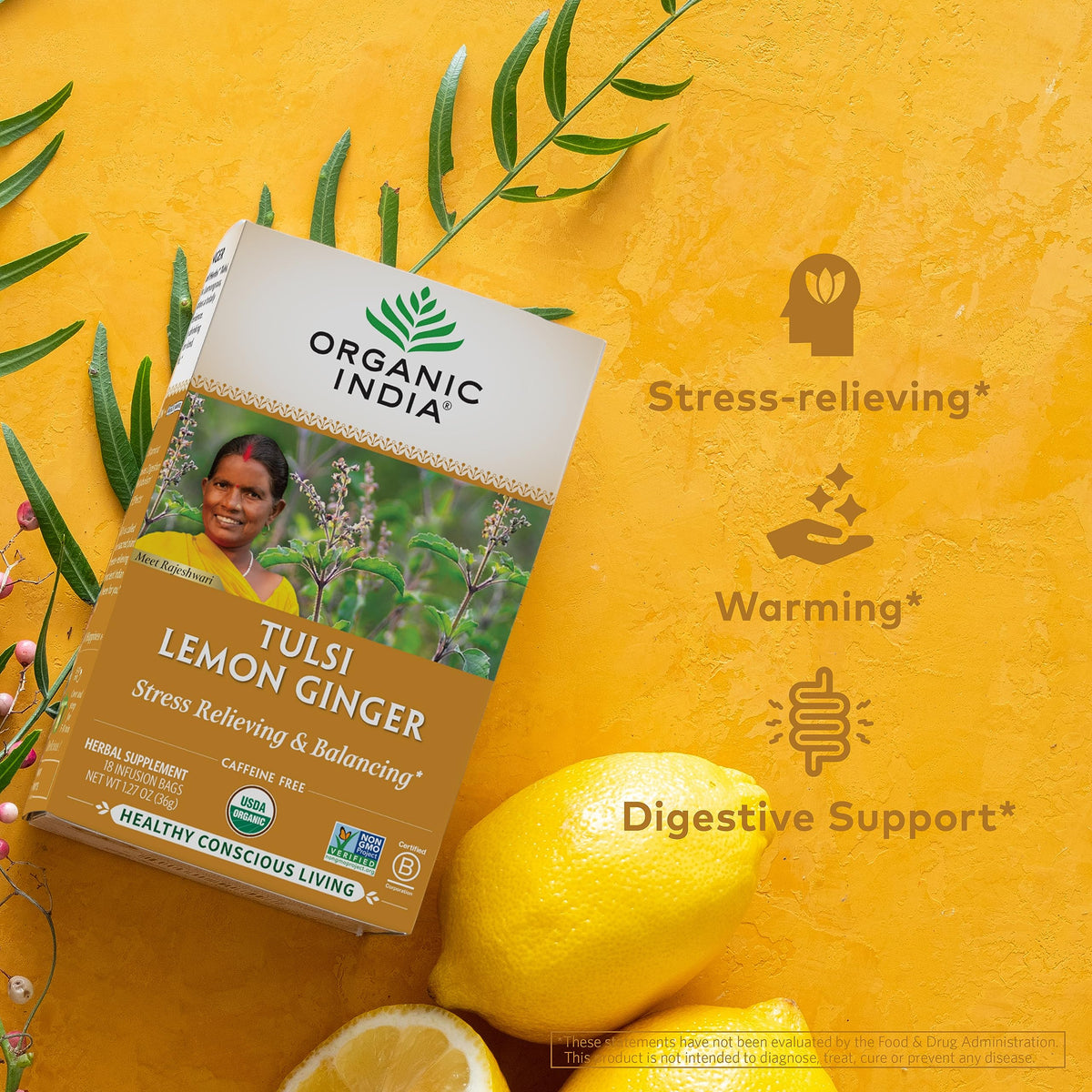 Close-up of Organic India Tulsi Lemon Ginger aroma suggesting immune-supporting wellness potential
