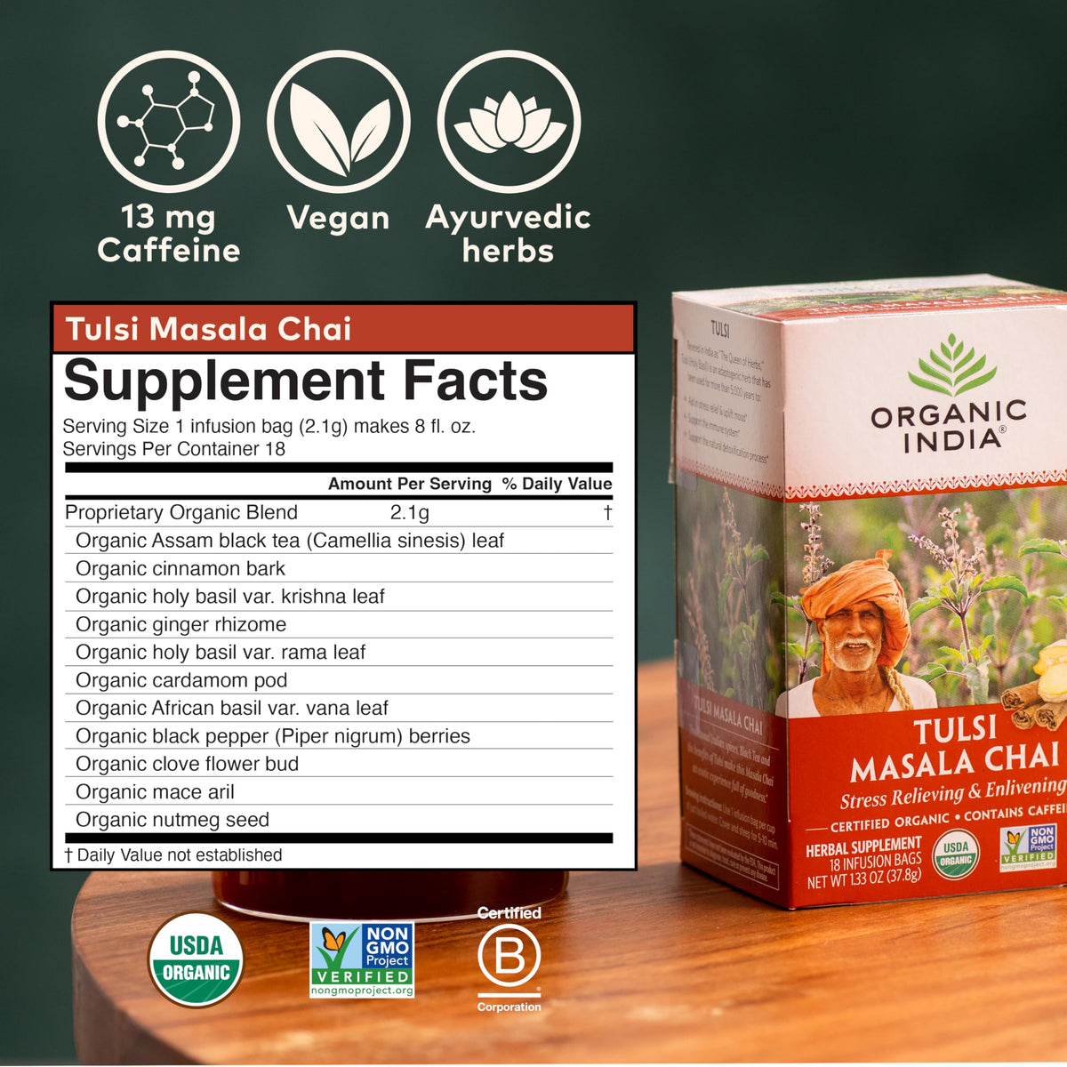 Organic India Tulsi Masala Chai kitchen scene suggests tea ritual and social sipping