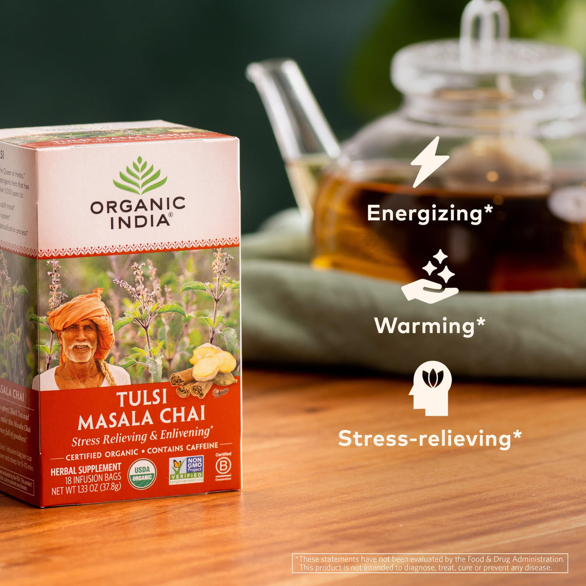 Organic India Tulsi Masala Chai packaging in recyclable box for everyday convenience.