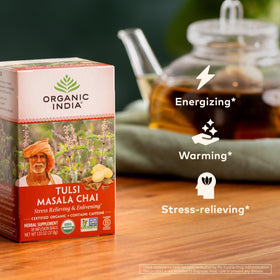 Organic India Tulsi Masala Chai packaging in recyclable box for everyday convenience.