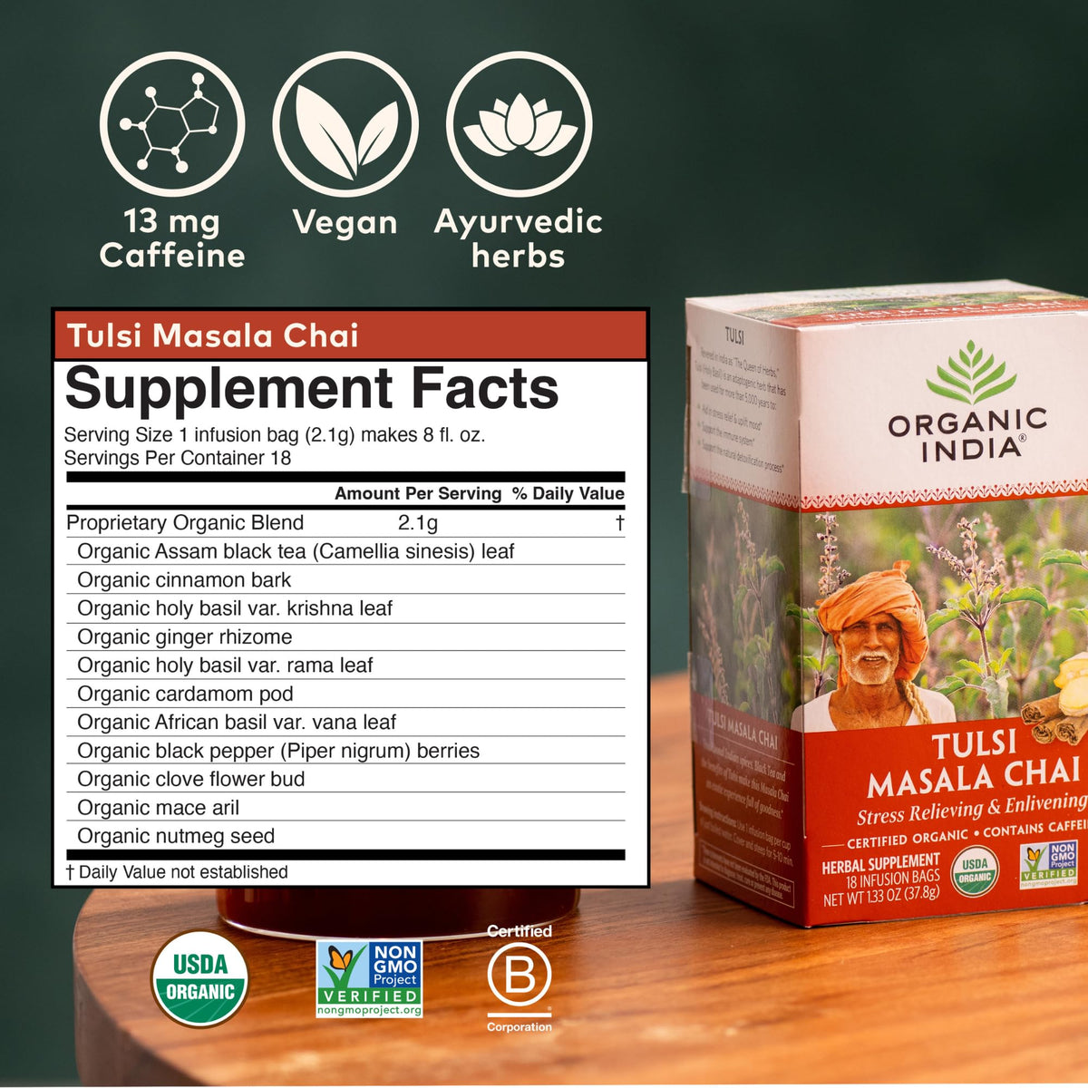A steaming cup of Organic India Tulsi Masala Chai inviting warm spice notes.