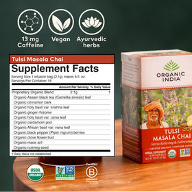 A steaming cup of Organic India Tulsi Masala Chai inviting warm spice notes.
