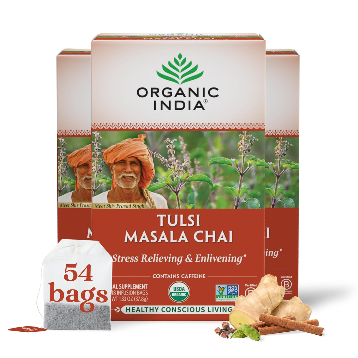 Organic India Tulsi Masala Chai tea bags on pack ideal for comforting morning ritual
