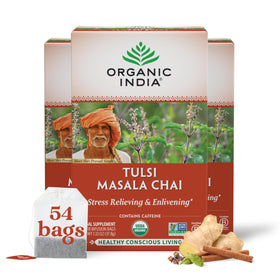 Organic India Tulsi Masala Chai tea bags on pack ideal for comforting morning ritual