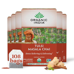Organic India Tulsi Masala Chai tea bags with aromatic spices for a comforting morning ritual.