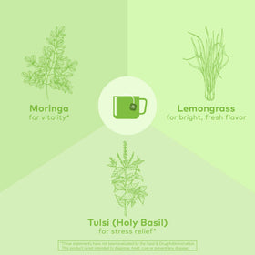 Organic India Tulsi Moringa Tea Bags closeup ingredients show tulsi, moringa, lemongrass for soothing blend