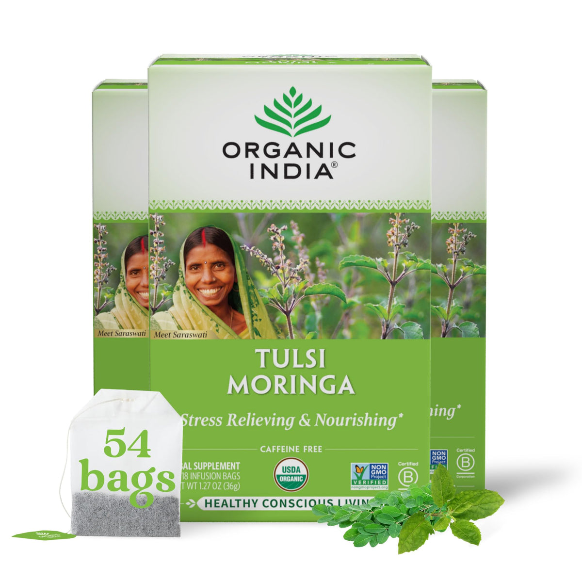 Organic India Tulsi Moringa Tea Bags pack on a clean surface, cueing a calming ritual