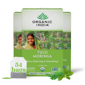 Organic India Tulsi Moringa Tea Bags pack on a clean surface, cueing a calming ritual