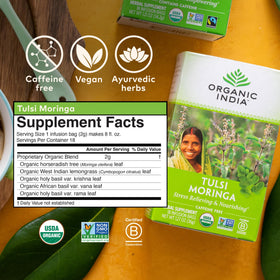 Organic India Tulsi Moringa Tea Bags ready-to-use packets on counter for easy daily ritual