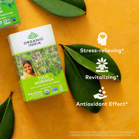 Organic India Tulsi Moringa Tea Bags stacked, compact and convenient for quick rituals