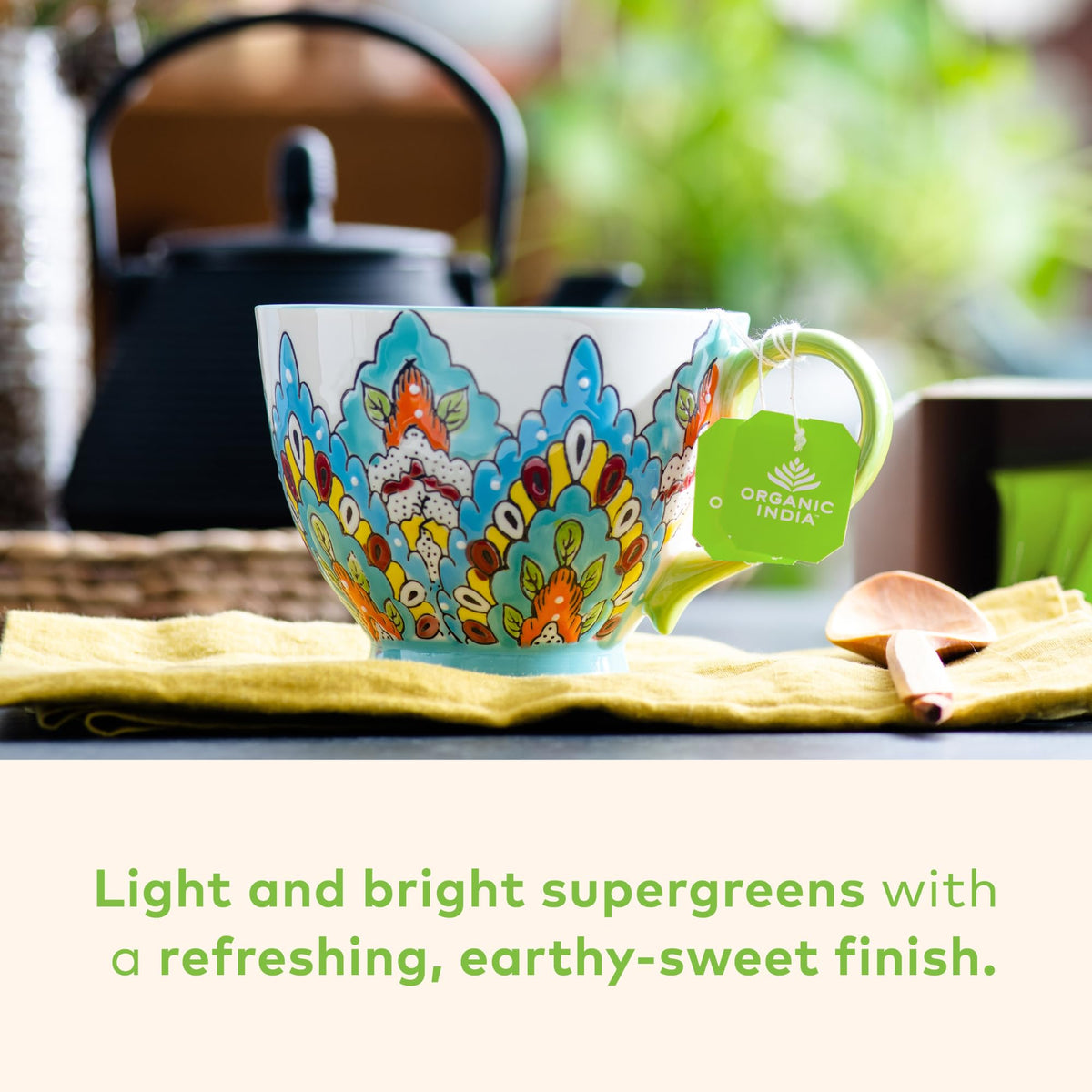 Organic India Tulsi Moringa Tea Bags brew a steaming cup for relaxed moments