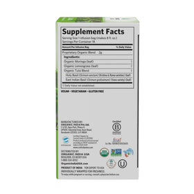 Organic India Tulsi Moringa Tea leaves and lemongrass display natural hues for vibrant herbal notes