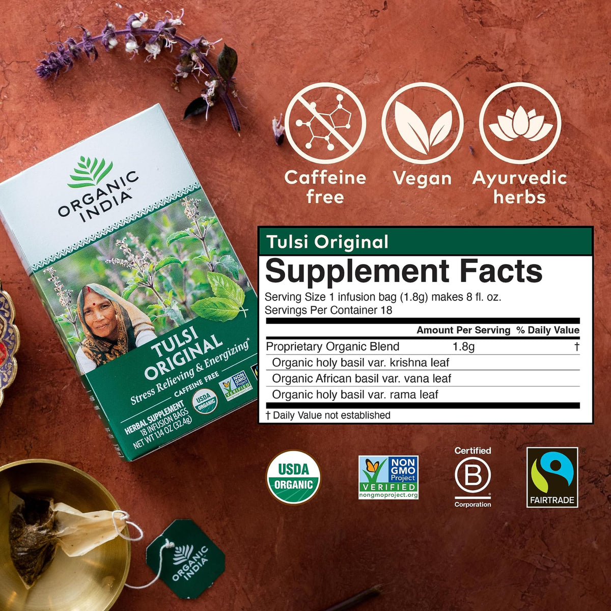 Organic India Tulsi Original 3-pack display for caffeine-free comfort