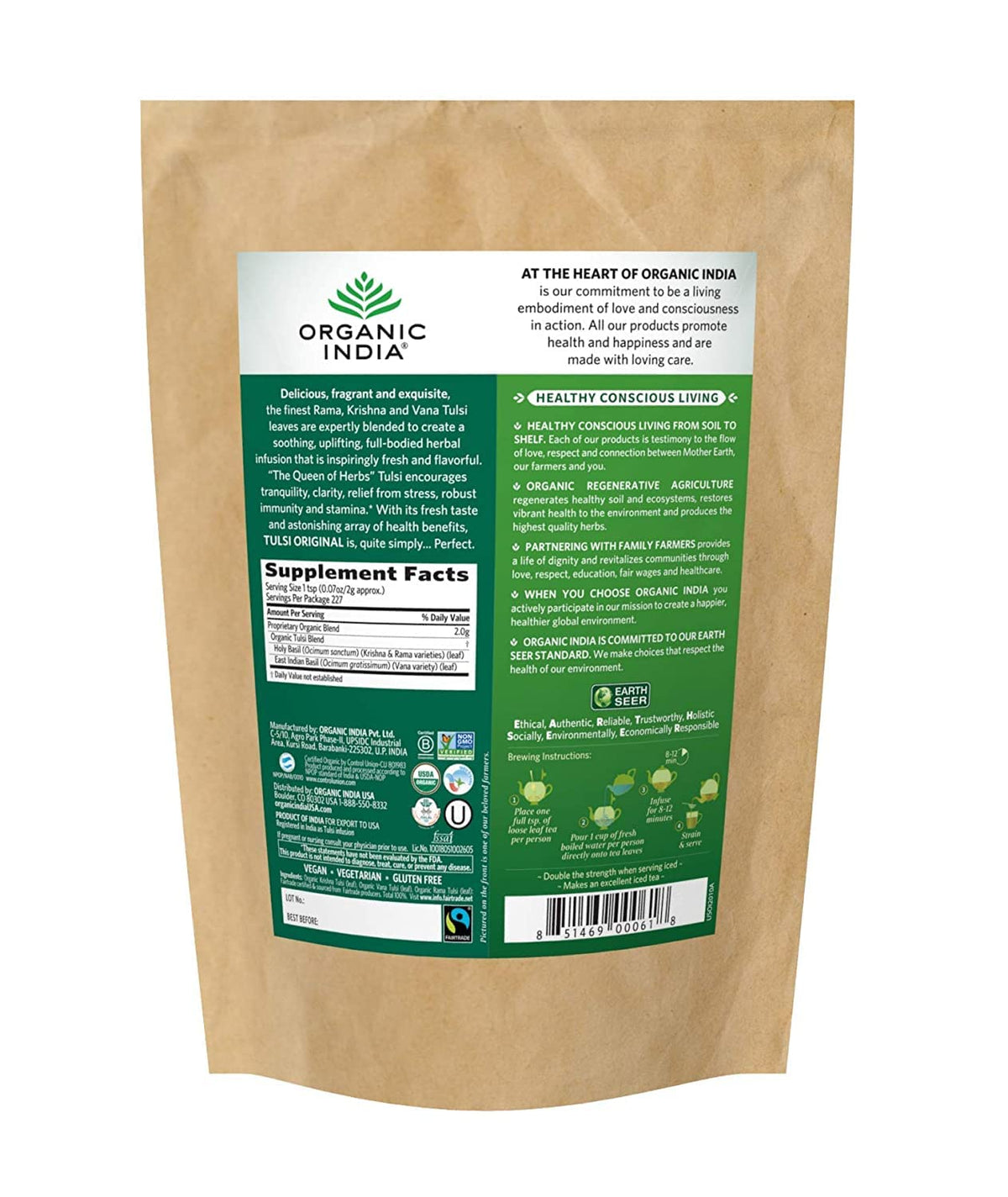 Close-up of dried Tulsi leaves from Organic India Original blend, for soothing evening tea.