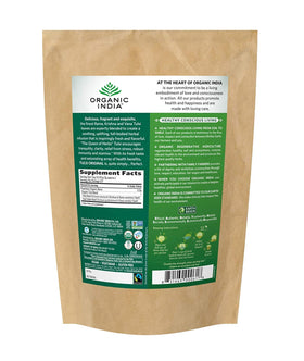 Close-up of dried Tulsi leaves from Organic India Original blend, for soothing evening tea.