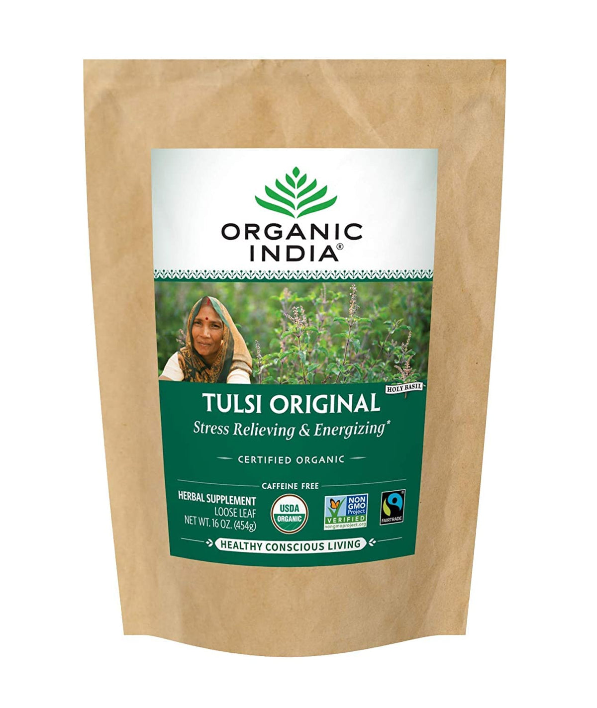 Organic India Tulsi Original loose-leaf tea bundle ready for infusion.